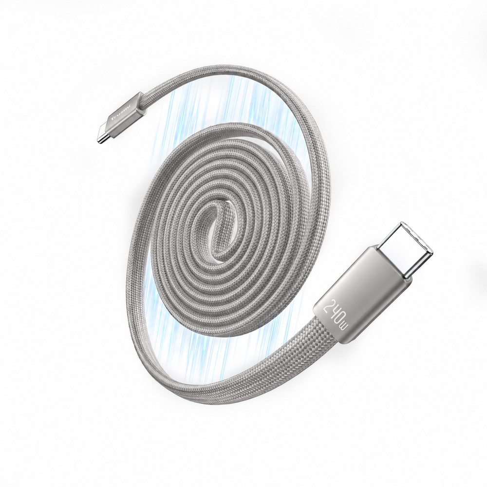 Clip-Go 240W C-to-C Flat CoilI Magnetic Braided Charging Cable 1M Gray