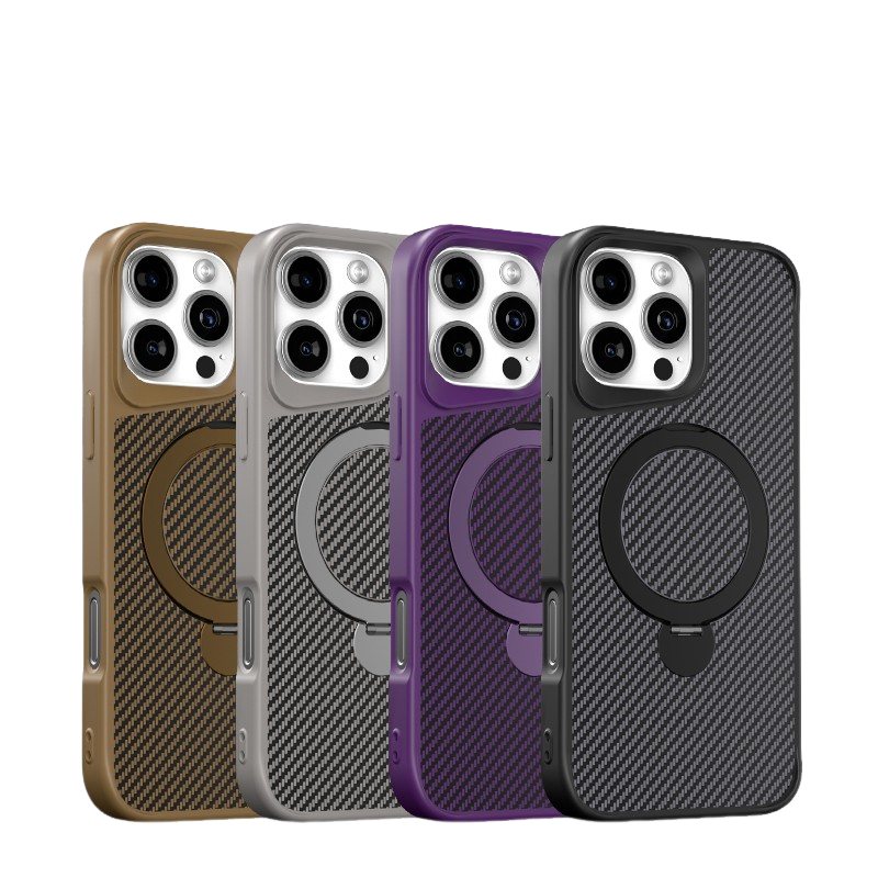 IPHONE 16 Carbon Fiber with 360° Rotating Kickstand Magnetic Phone Case Black